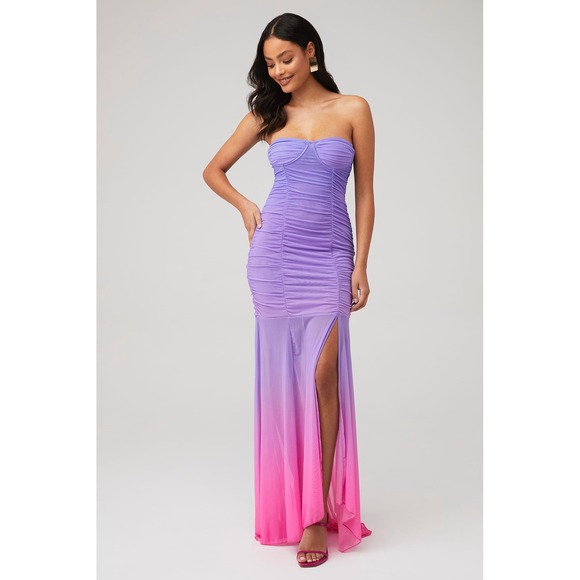 Rococo Sand Blake Long Dress Purple Pink Ombre Strapless Ruched Gown $380 - Picture 1 of 12
